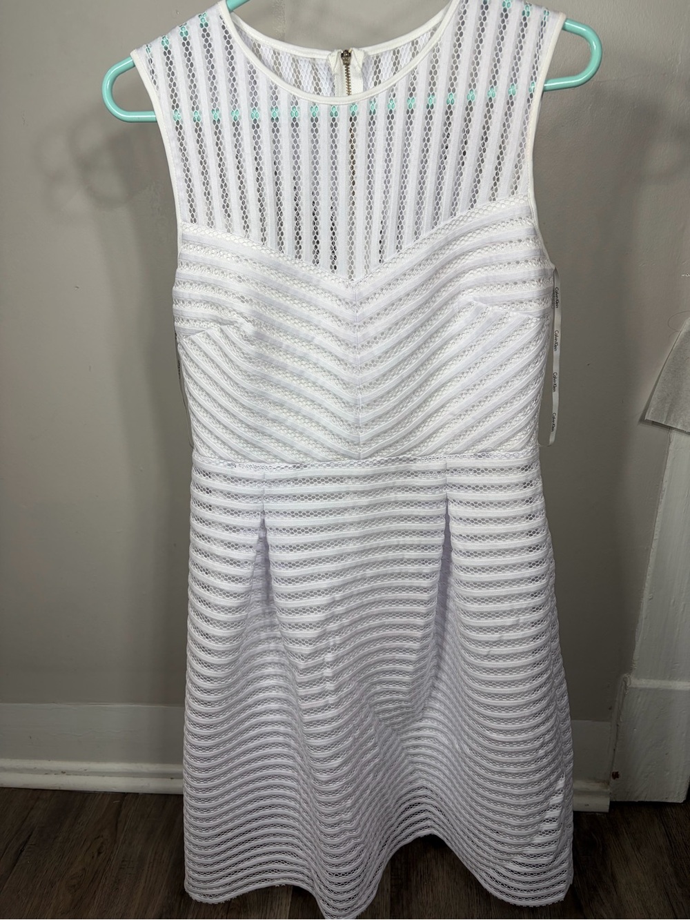 Calvin Klein White Illusion Mesh Stripe Fit Flare Lace Mini Dress Party Bridal